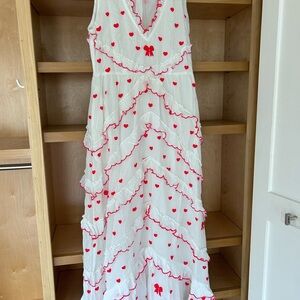 Banjanan cotton white maxi Dress with Red Heart Pattern and ruffles